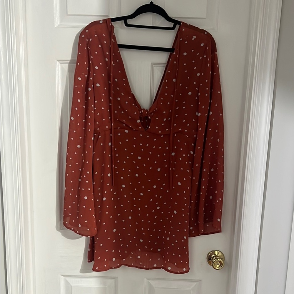 Brown Long Sleeve Backless Mini Dress with Tie Front